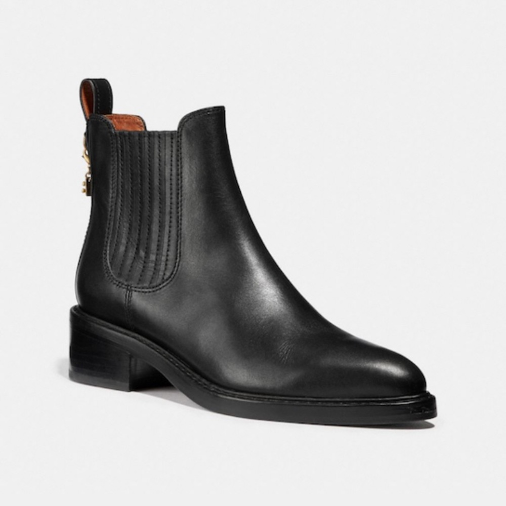 COACH Bowery Chelsea Block Heel Ankle Boots, Genuine Leather Black